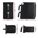 Black dual-basket air fryer dimensions shown.