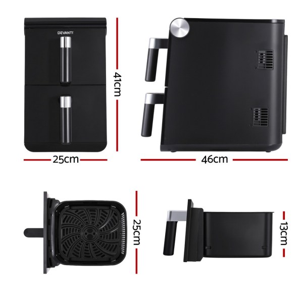 Black dual-basket air fryer dimensions shown.