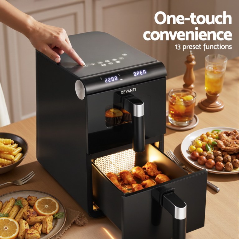 Devanti air fryer with food, one-touch convenience.