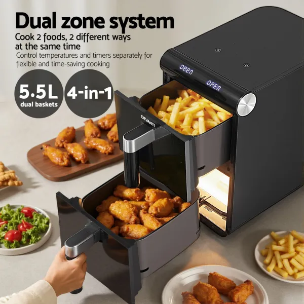 Dual zone air fryer cooking chips and chicken wings.