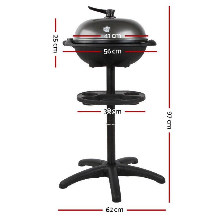 Black barbecue grill with measurements displayed.