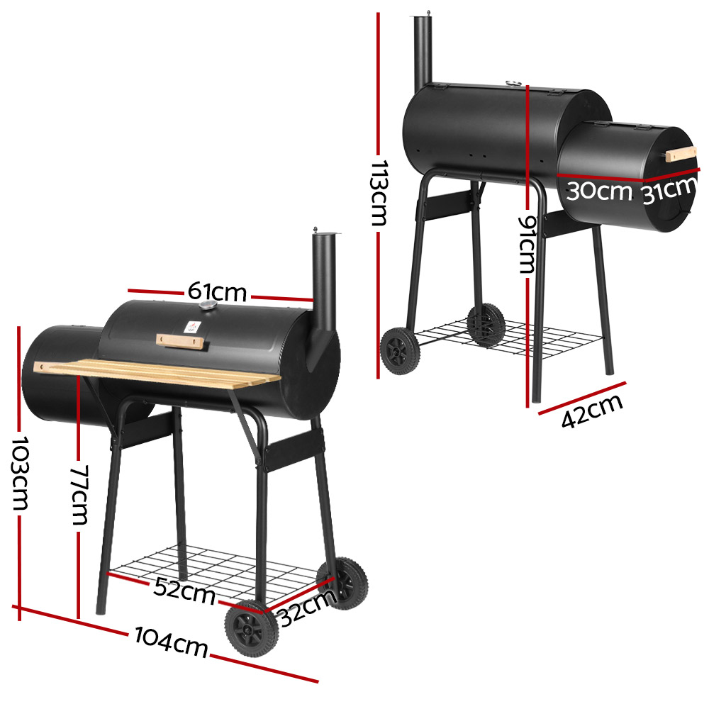 Barbecue smoker grill dimensions and features shown.