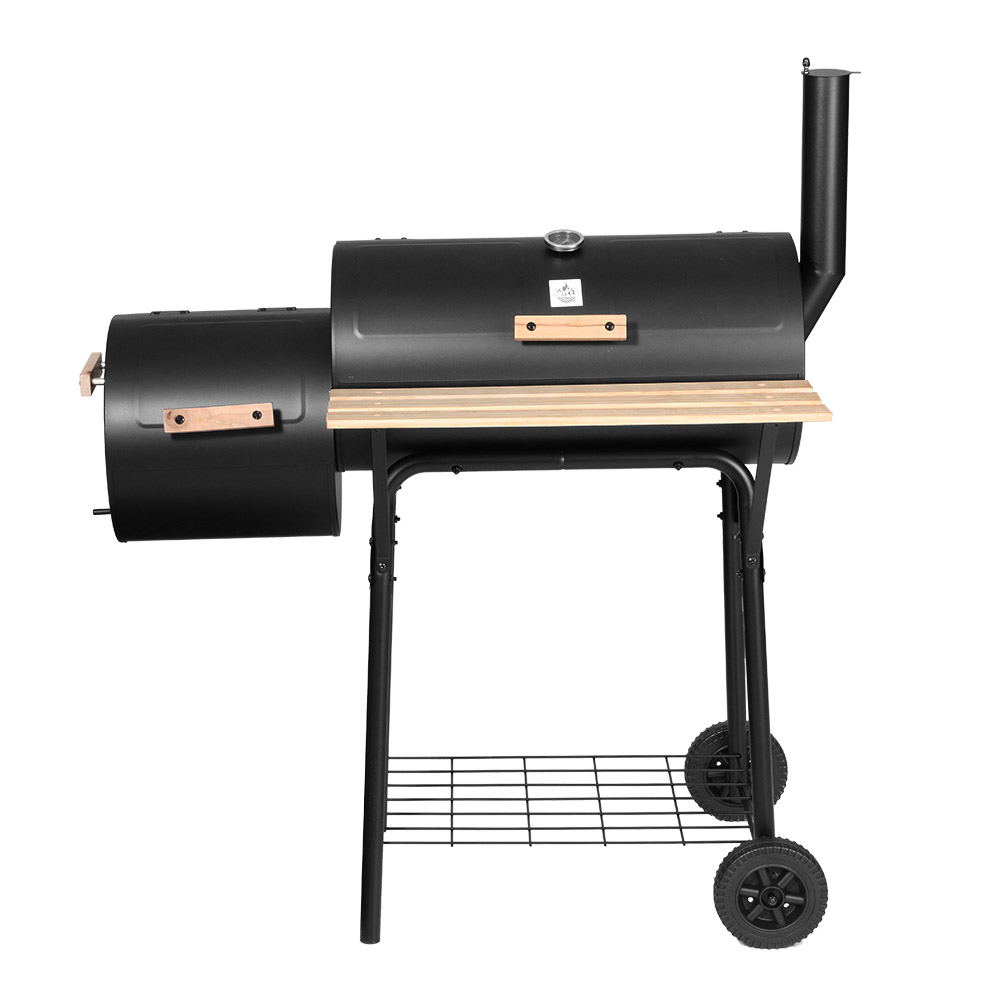 Black outdoor smoker barbecue grill with wheels