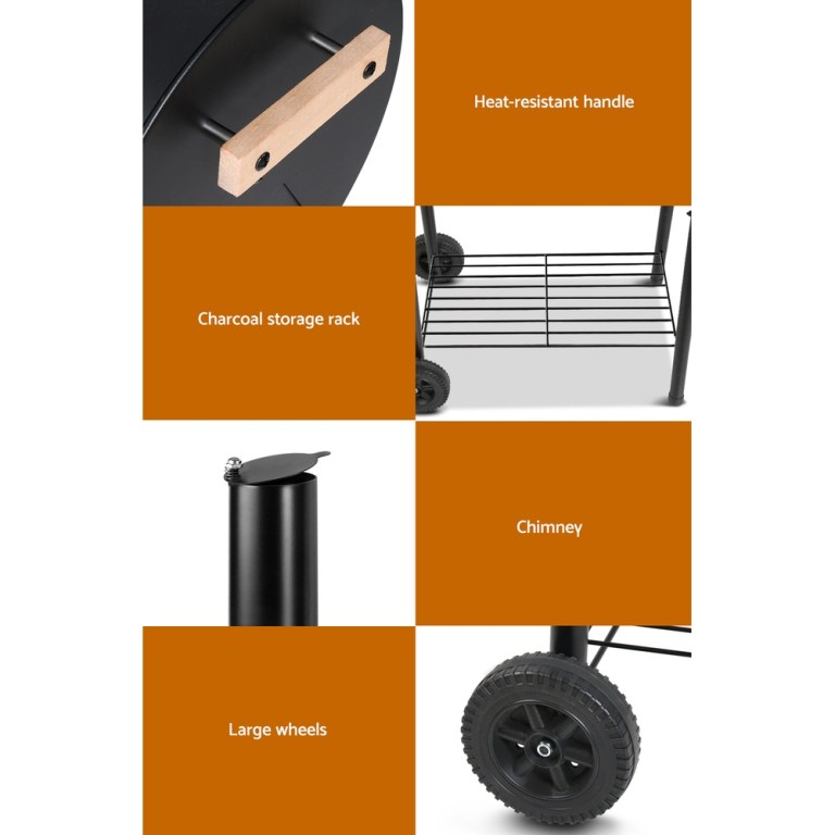 grillz bbq grill 2 in 1 offset charcoal smoker Barbecue grill features: heat-resistant handle, storage, chimney, wheels.