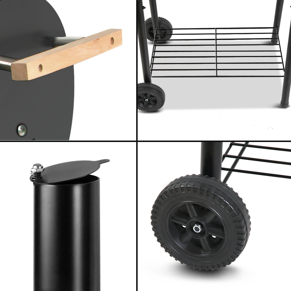 Barbecue grill features: handle, rack, chimney, wheel.
