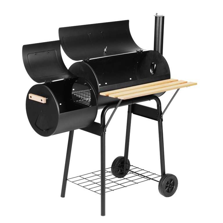 grillz bbq grill 2 in 1 offset charcoal smoker Black barbecue smoker with wooden shelf and wheels.