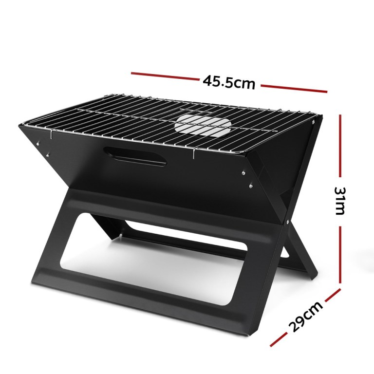 Compact black barbecue grill with dimensions shown.