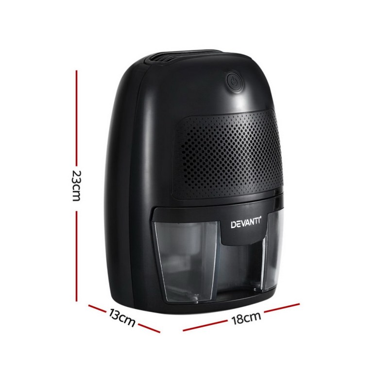 devanti dehumidifier 600ml air purifier black Compact black dehumidifier with dimensions indicated.
