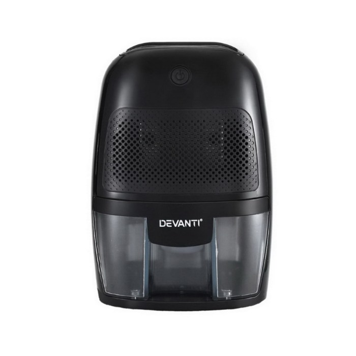 devanti dehumidifier 600ml air purifier black Compact black dehumidifier appliance on display.