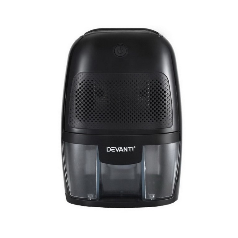 devanti dehumidifier 600ml air purifier black Compact black dehumidifier appliance on display.