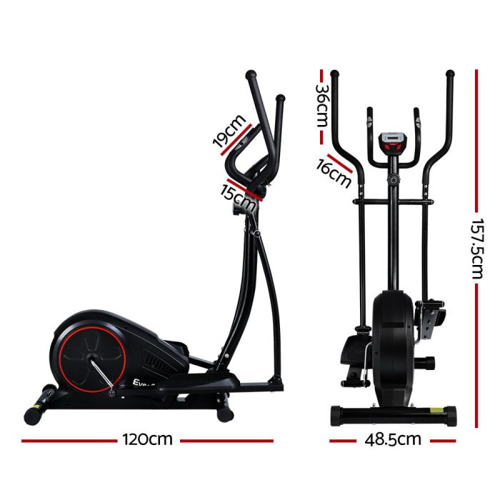 everfit exercise bike elliptical cross trainer home gym fitness machine lcd Elliptical machine with dimensions shown, black colour.