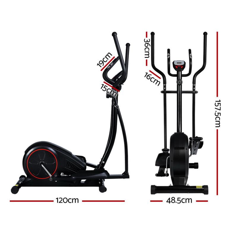 Elliptical machine with dimensions shown, black colour.