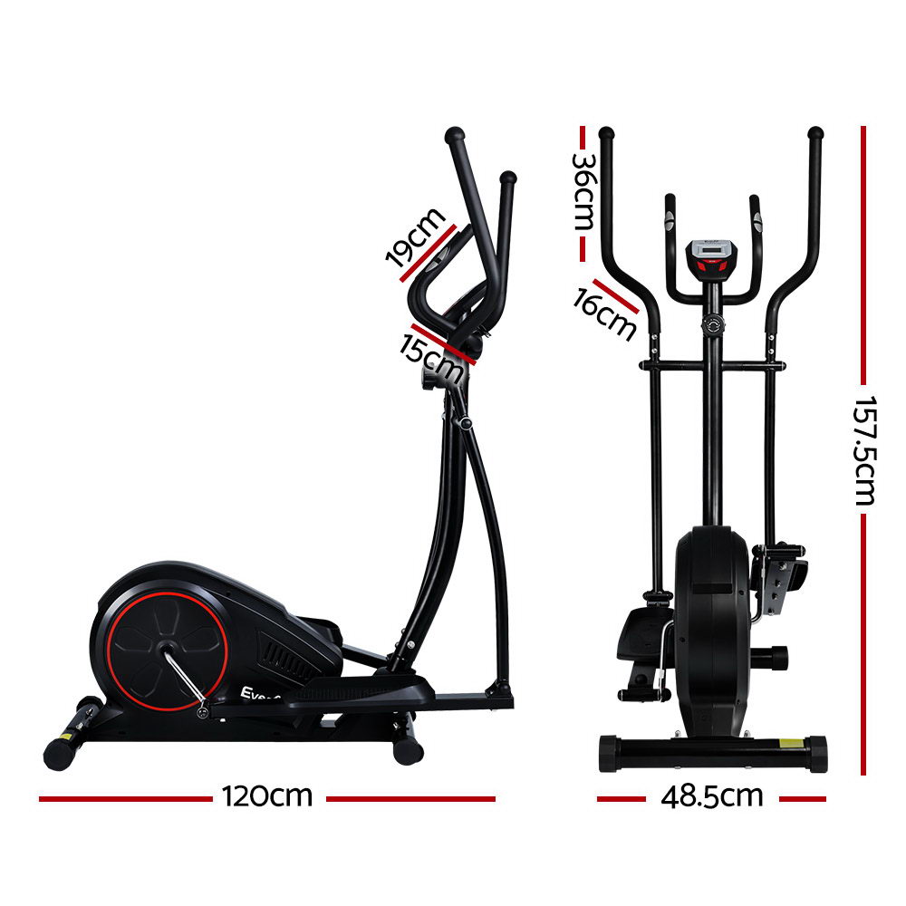Elliptical machine with dimensions shown, black colour.