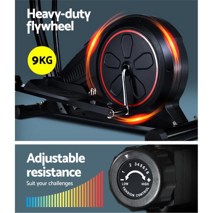 everfit exercise bike elliptical cross trainer home gym fitness machine lcd Heavy-duty flywheel, 9kg, adjustable resistance knob.