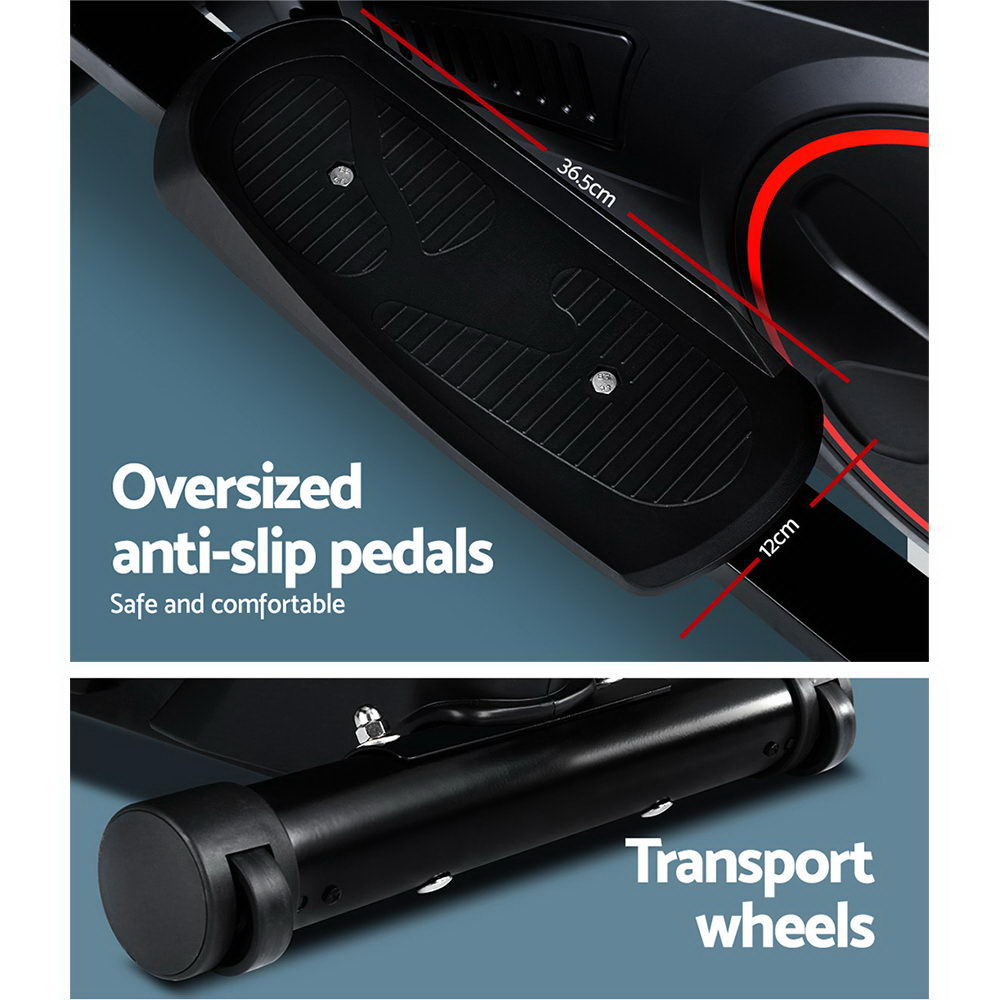 Exercise equipment with large anti-slip pedals and wheels.