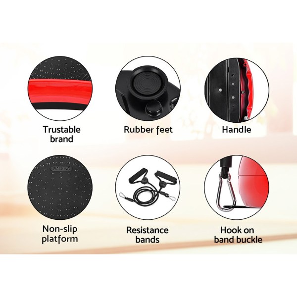 everfit vibration machine platform vibrator resistance rope home fitness red Balance board features: brand, rubber feet, handle, bands.
