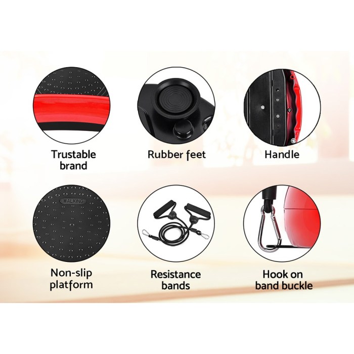 Balance board features: brand, rubber feet, handle, bands.