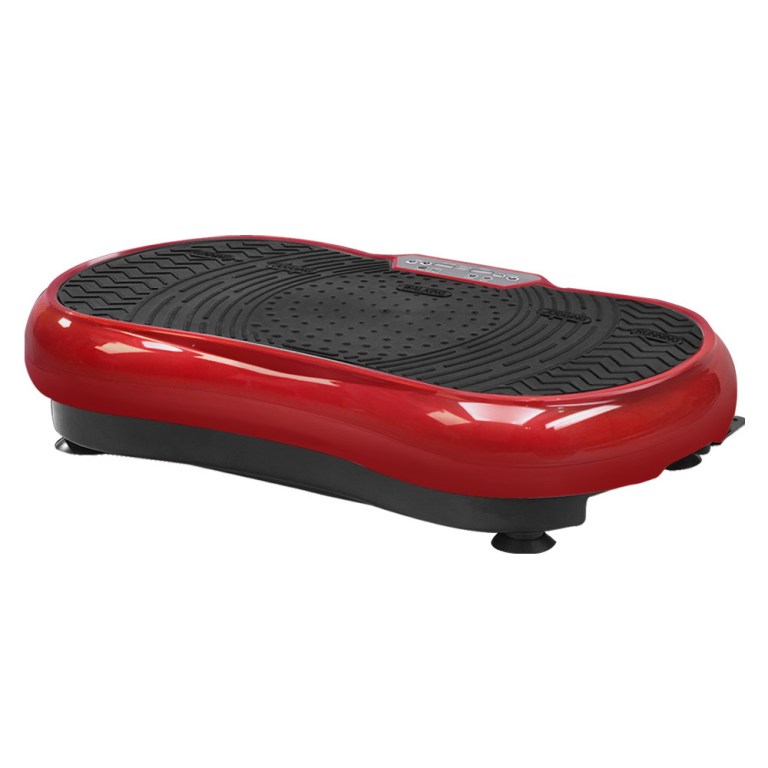 Red vibrating exercise plate for fitness training.