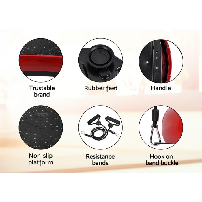 everfit vibration machine platform resistance rope home fitness dark red Gym equipment parts: handle, resistance bands, non-slip platform.