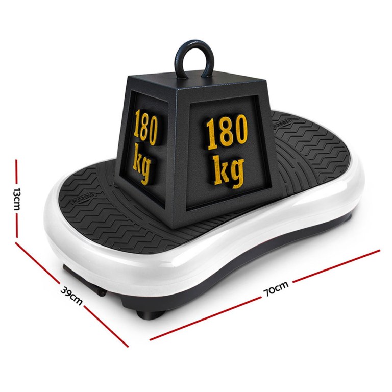 everfit vibration machine platform vibrator resistance rope home fitness white Vibration plate with 180kg weight limit, dimensions shown.