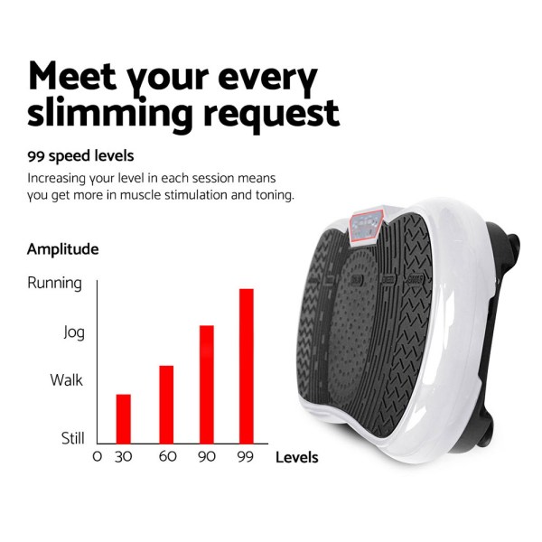 everfit vibration machine platform vibrator resistance rope home fitness white Slimming device with 99 speed levels, amplitude chart.