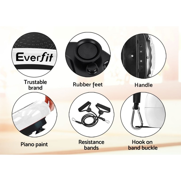 everfit vibration machine platform vibrator resistance rope home fitness white Everfit vibration platform features and accessories overview.