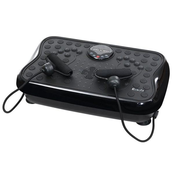 everfit vibration machine platform vibrator with resistance rope home gym black Black vibration platform exercise machine with resistance bands.