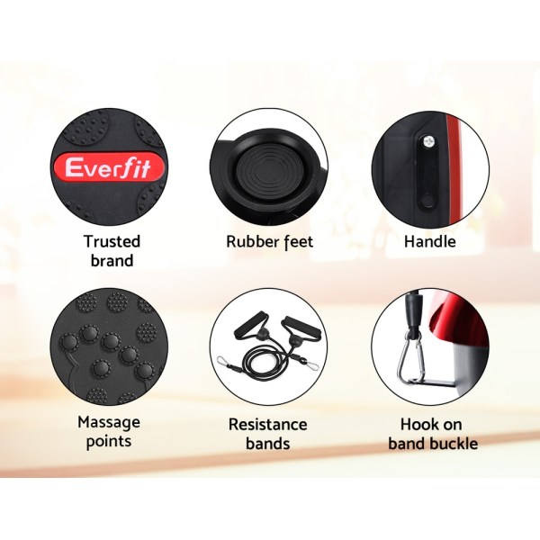 everfit vibration machine platform vibrator with resistance rope home gym red Everfit equipment features: brand, rubber feet, handle, bands, buckle.