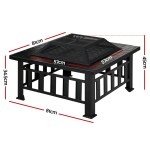 Metal outdoor fire pit with dimensions.