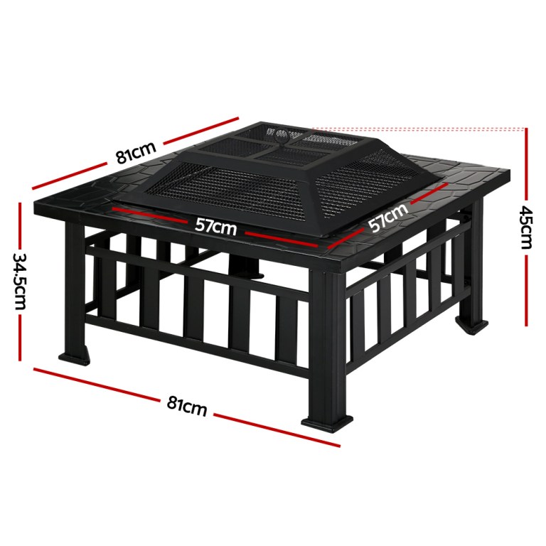 Metal outdoor fire pit with dimensions.