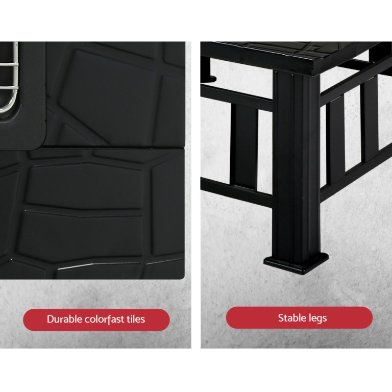 Black table with durable tiles and stable legs.