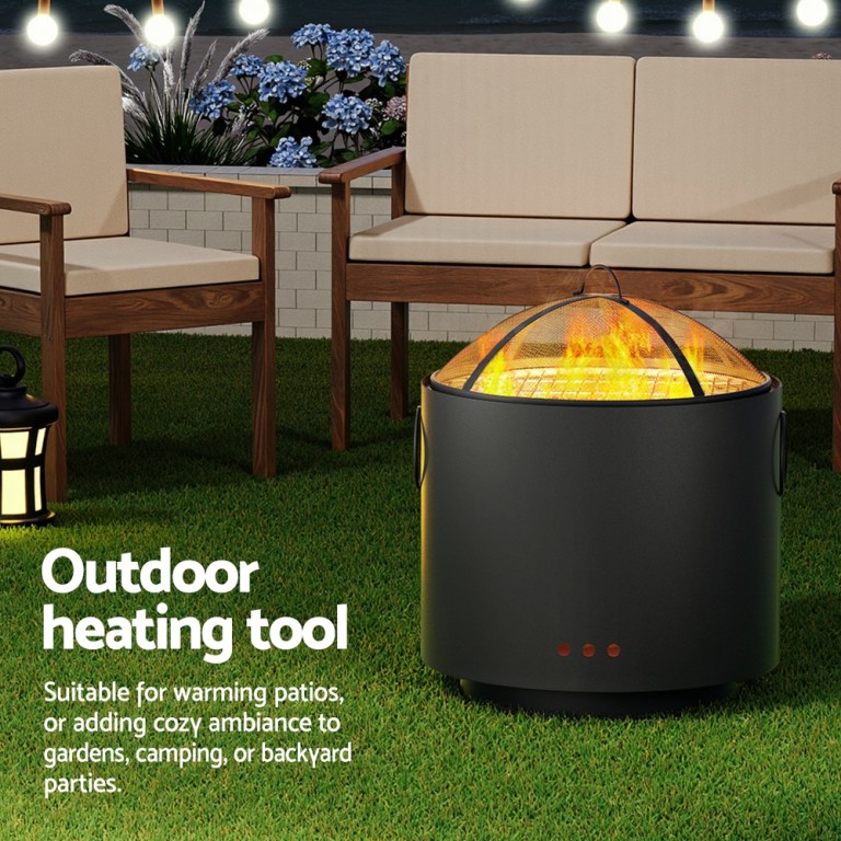 grillz fire pit bbq portable deep bowl outdoor fireplace Outdoor patio heater on grass with chairs.