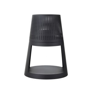 Modern black stool with perforated design.