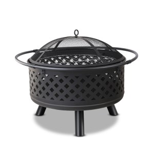 Black outdoor fire pit with mesh cover