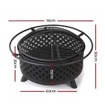 grillz fire pit bbq grill 76cm Black metal fire pit with dimensions labeled.