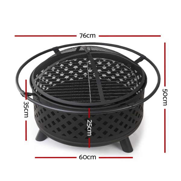 Black metal fire pit with dimensions labeled.