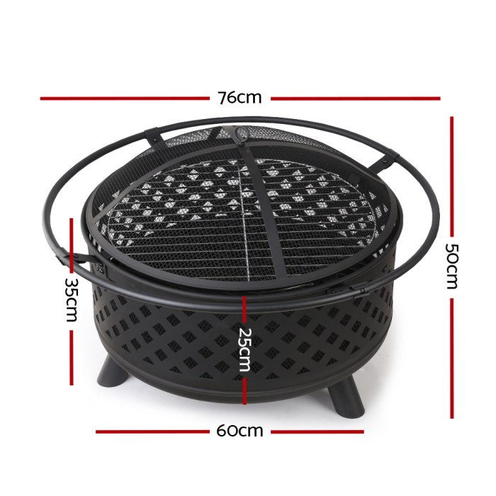 grillz fire pit bbq grill 76cm Black metal fire pit with dimensions labeled.