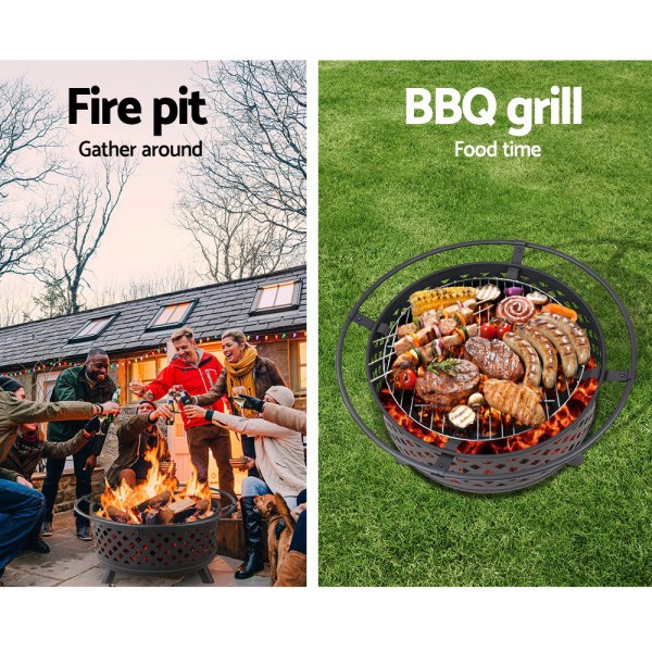 Group by fire pit, BBQ grill full of food.