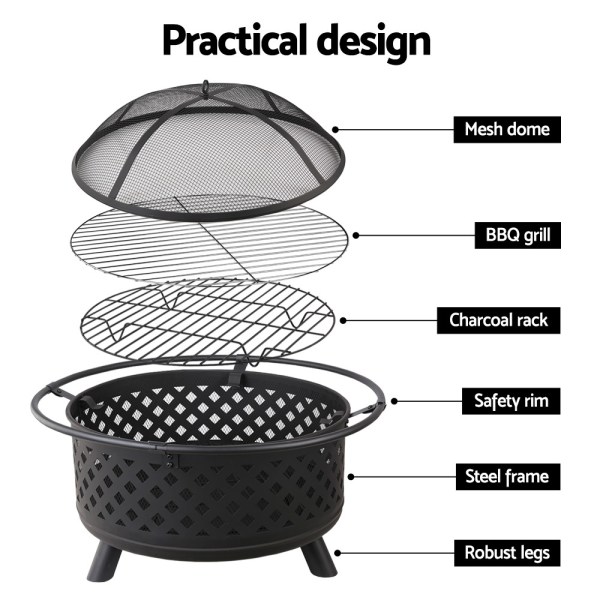 Exploded view of a fire pit with labels.