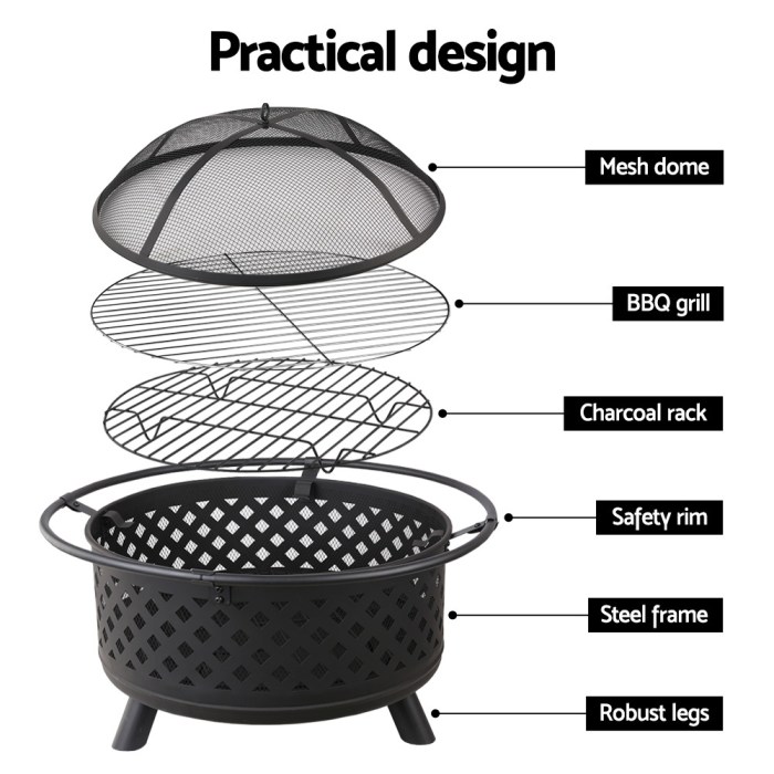 grillz fire pit bbq grill 76cm Exploded view of a fire pit with labels.