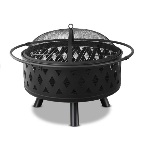 Black outdoor fire pit with mesh cover.