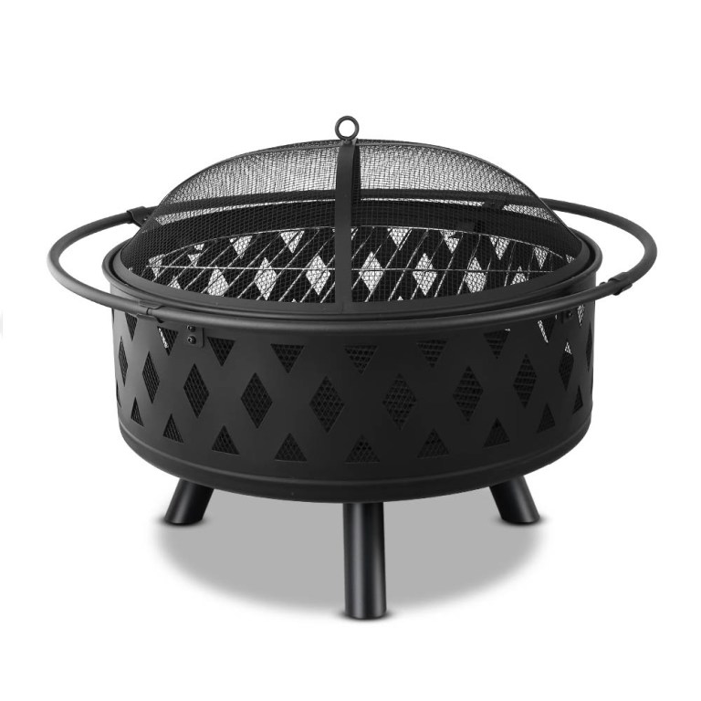 Black outdoor fire pit with mesh cover.