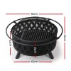 Black metal fire pit with measurements labeled.