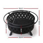 Black metal fire pit with measurements labeled.