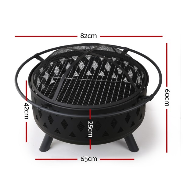Black metal fire pit with measurements labeled.