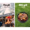 Friends around fire pit, BBQ on grill.