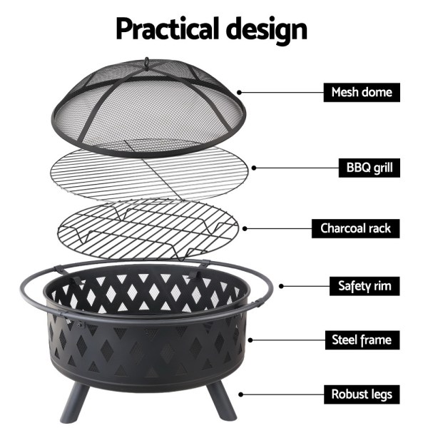 Exploded view of outdoor fire pit components.