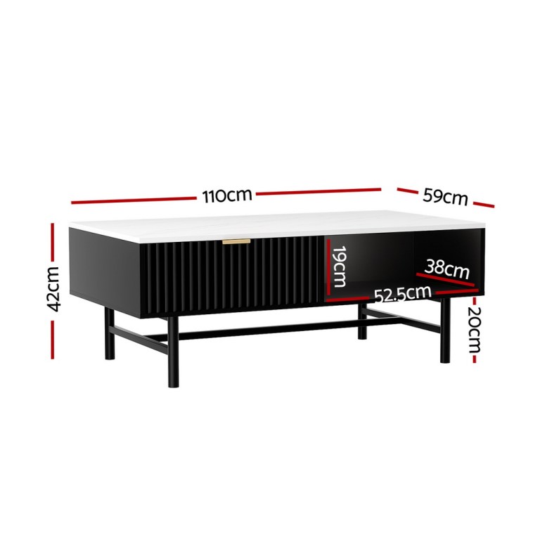 Black entertainment unit with dimensions labelled.
