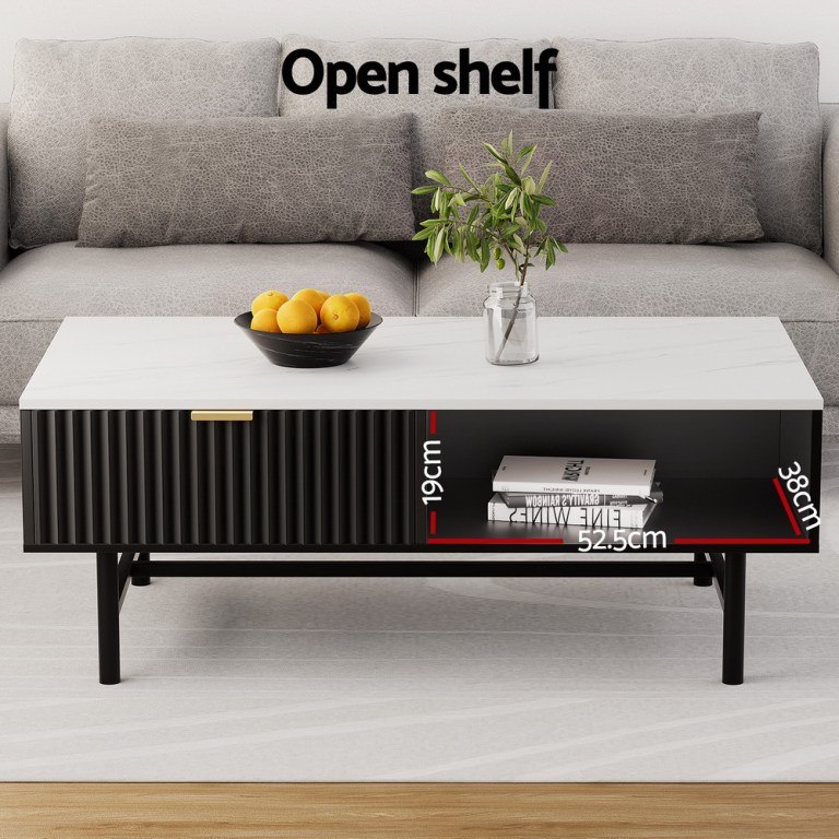 Modern coffee table with open shelf and measurements.