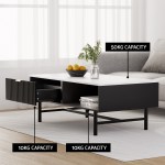 Modern black coffee table with storage and weight capacities.